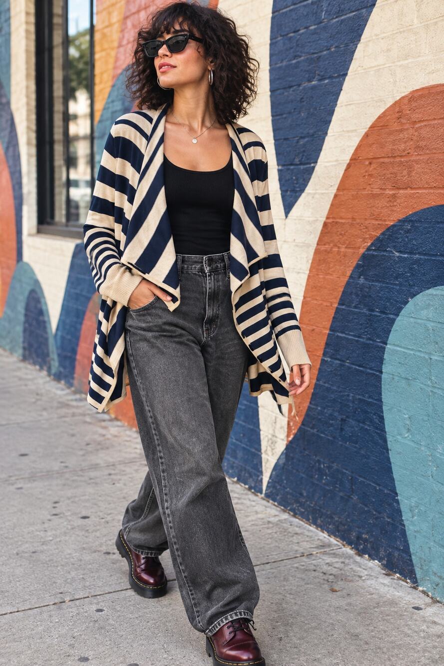New Directions M Navy Oatmeal Striped Draped Open Front Cardigan 100% Cotton